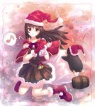 bad_id bad_pixiv_id barrel bird black_santa_costume boots brown_eyes brown_hair capelet creator eighth_note gloves hat long_hair musical_note penguin ragnarok_online red_capelet red_gloves sack santa_boots santa_costume santa_hat solo speech_bubble spoken_musical_note yakka 