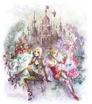  3girls blonde_hair cape carbuncle_(final_fantasy) cefca_palazzo celes_chere cocoon_(yuming4976) detached_sleeves dome final_fantasy final_fantasy_vi flower gloves high_heels long_hair midriff multiple_girls pantyhose pointy_ears ponytail shoes tina_branford trance_tina_branford white_hair 
