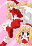  bad_id bad_pixiv_id blonde_hair blue_eyes boots chibi hat jewelry long_hair macross macross_frontier mittens sack santa_costume santa_hat sasa_(snowfire) sheryl_nome single_earring 