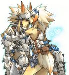  1girl armor bad_id bad_pixiv_id barioth_(armor) belt_pouch blue_eyes blush gloves greaves horns hug kegani kunai monster_hunter pouch spikes sweatdrop weapon white_hair 