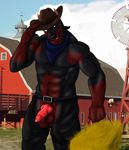  abs animal_genitalia anthro assless_chaps balls barn belt biceps big_muscles big_penis black black_fur blue_eyes canine canine_penis clothed clothing cowboy cowboy_hat doberman dog erection farm fur half-dressed hat hay knot leather linkin linkin_monroe linkinmonroe male mammal muscles neckerchief nude pants pecs penis pose red_fur sheath solo standing sweat topless vein 