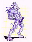  2010 abs arms_behind_back balls barazoku blue canine claws digimon dog_tags erection fangs grin inviting leather looking_at_viewer male muscles nipples nude penis pinup pose presenting purple red_eyes rule_34 solo standing stripes weregarurumon werewolf wolf wolfgangcake 