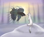  albino aquatic betta black_eyes blue_eyes ermine feral ferret fish floating fur mammal marine mustelid non-anthro snow surreal surrealism tassy underwater water white white_fur 