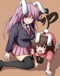  animal_ears black_legwear blazer brown_hair bunny_ears bunny_tail carrot highres inaba_tewi jacket long_hair multiple_girls purple_eyes purple_hair rariemonn red_eyes reisen_udongein_inaba tail thighhighs touhou zettai_ryouiki 