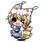  &gt;_o ;d blonde_hair blush_stickers chibi fang fox_tail hat itotin jumping multiple_tails one_eye_closed open_mouth panties short_hair smile solo striped striped_panties tail touhou underwear yakumo_ran 