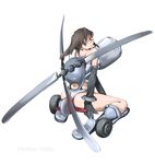  aircraft ass blue_eyes brown_hair flettner_fl265 helicopter long_hair looking_back mecha_musume military nano original simple_background solo 