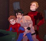  3boys alley anal black_hair blue_eyes blush bodysuit brown_eyes brown_hair crossover cum deadpool drooling ejaculation erection gloves grin group_sex hentai_kamen highres magnta male_focus mankini marvel multiple_boys muscle nipples open_mouth outdoors penis peter_parker sex shikijou_kyousuke short_hair smile spider-man spider-man_(series) sweat teeth thighhighs tongue uncensored wince yaoi 