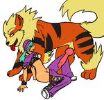  animal arcanine blue_hair blush breasts canine canine_penis drip feral hair human illuminatii interspecies knot open_mouth penis pok&eacute;mon pokephilia precum sitting tan_line tongue trainer zoo 
