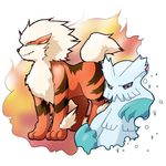  ambiguous_gender arcanine canine digitigrade duo feral mammal mikela nintendo plain_background pok&#233;mon pok&eacute;mon purple_eyes tail video_games white_background yellow_eyes 