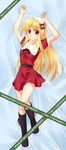  467_(artist) arms_up bad_id bad_pixiv_id belt blonde_hair boots bow christmas dakimakura dress fate_testarossa full_body hairband highres knee_boots long_hair lying lyrical_nanoha mahou_shoujo_lyrical_nanoha merry_christmas on_back red_eyes solo 