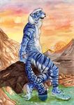  ashalind bath blue bow_tie feline hybrid male nude rhiannon_mclachlan snow_leopard solo sunset tiger 