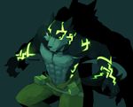 anthro belt biceps bioluminescence body_markings canine claws clothing face_markings facial_markings fangs glow glowing glowing_markings grin male mammal markings muscles noku13456 pants pecs robbw smile solo teeth toned topless wolf 