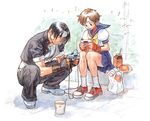  adapter anime bad bread carton console crouching cup cute drink female food friends gaming gloves headband human king_of_fighters kusanagi_kyo male milk neo_geo_pocket noodles ramen ribbons sailor_uniform sakura school_uniform schoolgirl_uniform sitting sneakers socks spoon street street_fighter video_games 