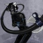  blue_eyes bondage bound canine foxzatt gas_mask gimp_suit latex looking_at_viewer male mammal mask rubber solo wolf 
