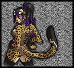  cheetah collar corset distildarkness eyewear feline female fingerless_gloves gloves goggles legwear looking_back mammal mori purple_highlights solo stockings 