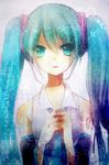  aqua_eyes aqua_hair detached_sleeves hatsune_miku long_hair necktie solo syutyou twintails upper_body vocaloid 