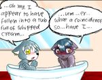  bathtub blush canine cat collar cub cute dialog dialogue dog duo feline gay heterochromia male mammal ryanide text whipped_cream young 