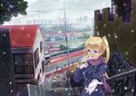  blonde_hair blue_eyes brown_hair car city coat gloves ground_vehicle highres kazeno motor_vehicle multiple_girls original power_lines reaching real_world_location scarf school_uniform skirt snow solo_focus stairs tokyo_(city) twintails waving 