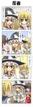  &gt;_&lt; 3girls 4koma alternate_costume black_hair blonde_hair blush bow brown_eyes brown_hair closed_eyes comic detached_sleeves green_eyes hair_bow hakurei_reimu hat highres jitome kirisame_marisa mizuhashi_parsee multiple_girls one_eye_closed rappa_(rappaya) scarf school_uniform serafuku spoken_exclamation_mark thumbs_up touhou translated witch_hat yellow_eyes 