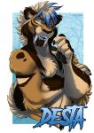  2018 5_fingers abs amber_eyes better_version_at_source biceps blonde_hair blue_hair brown_fur desta digital_media_(artwork) fangs felid fur hair ifus low_res male mammal sabertooth_(disambiguation) 