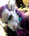  dragon facial_hair goatee grey grey_skin hair horn horns long_hair looking_at_viewer male mask purple_hair real solo 