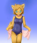  1girl :3 animal_ears cat collar feline female furry glasses ka kagerofu one-piece_swimsuit solo swimsuit towel wet 
