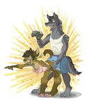  bent_over binoculars canine couple female hyenarussell male pointing shirt shorts smile wolf 