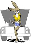  beebee_(nip_and_tuck) car cleavage cutoffs daisy_dukes dirty female grease grin half-closed_eyes lagomorph nip_and_tuck oil rabbit ralph_e._hayes_jr. smile smirk solo spinning t-shirt thighs truck wrench yellow 
