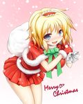  alice_margatroid alternate_costume ariesu_watanabe blonde_hair blue_eyes blush bow breasts capelet christmas gloves hairband hanging_breasts large_breasts leaning_forward looking_up miniskirt red_capelet red_gloves sack santa_costume short_hair skirt smile solo touhou 