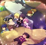  4girls black_hair blonde_hair blue_hair brown_hair chibi closed_eyes estellise_sidos_heurassein flynn_scifo goggles goggles_on_head hat judith karol_capel multiple_boys multiple_girls ouri patty_fleur pink_hair pointy_ears raven_(tales) repede rita_mordio short_hair sleeping tales_of_(series) tales_of_vesperia yuri_lowell 