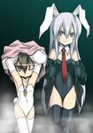  absurdres animal_ears armpits black_legwear bunny_ears bunny_tail bunnysuit commentary_request elbow_gloves gloves highres inaba_tewi jacket looking_at_viewer multiple_girls noya_makoto reisen_udongein_inaba tail thighhighs touhou undressing white_legwear 