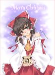  ascot bow box brown_eyes brown_hair detached_sleeves donation_box face hair_bow hakurei_reimu kanda_aya lips merry_christmas short_hair solo touhou 