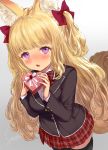  1girl animal_ear_fluff animal_ears artist_name bangs black_jacket black_legwear blazer blonde_hair blunt_bangs blush bow bowtie box breasts buttons collared_shirt commentary_request eyebrows_visible_through_hair fang fox_ears fox_tail gift gift_box grey_background hair_bow heart-shaped_box highres holding holding_gift jacket large_breasts long_hair long_sleeves looking_at_viewer open_mouth open_pajamas original plaid plaid_bow plaid_skirt purple_eyes red_bow red_neckwear red_skirt school_uniform shirt short_eyebrows signature simple_background skirt solo standing tail thighhighs twintails valentine very_long_hair wavy_hair white_shirt yapo_(croquis_side) zettai_ryouiki 