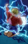  amano_ai blonde_hair electricity footwear highres jacket katsura_masakazu purple_eyes short_hair shorts socks stretch television tv video_girl_ai 