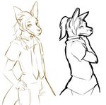  brown_and_white collar crossdressing ear_piercing edel hair kangaroo kilehye looking_back male mammal marsupial monochrome necktie piercing plain_background ponytail sketch skirt solo tie white_background 