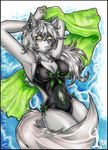  2010 amber_eyes anis anisstellaris black by-nc-nd canine cat cleavage ear_piercing feline female green grey looking_at_viewer piercing silk solo swimsuit tail towel water 