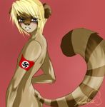  armband blonde_hair blue_eyes blush female hair looking_at_viewer male nazi nude nyisi nyisi_seryn raccoon raccoon_brownbear solo yeoki 卐 