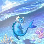  caustics coral day dutch_angle ein_lee from_behind gen_1_pokemon looking_at_viewer looking_back lowres no_humans ocean ocean_bottom partially_underwater_shot pokemon pokemon_(creature) shadow smile solo submerged swimming tail vaporeon 