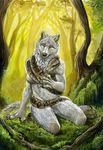  2010 alectorfencer background boa_constrictor canine entwined forest gouache moss nature nude painting snake solo tame tree were wolf 