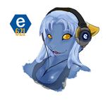  alyxx amber_eyes blue blue_hair cleavage e621 earphones female hair lipstick looking_at_viewer mascot_contest open_mouth portrait smile solo teeth 