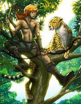  argument arrow bow_(weapon) cheetah couple feline feral human hybrid male perched rubendevela tongue topless tree 