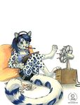  blue_hair fan feline female green_eyes hair headphones kacey kacey_(character) paintbrush pillow shorts sitting snow_leopard solo 