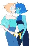  2girls alternate_costume arm_around_waist bare_shoulders blue_eyes blue_hair blue_jacket blue_pants blue_skin blush breast_press breasts collarbone cropped_jacket cropped_legs forehead_jewel frown gem highres jacket lapis_lazuli_(steven_universe) looking_at_viewer midriff multiple_girls nano8 pale_skin pants pearl_(steven_universe) short_hair simple_background sleeveless small_breasts standing steven_universe symmetrical_docking tongue tongue_out white_background yuri 