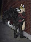  against_wall canine eyes_closed feline female fennec fox hug kissing male sepia_(artist) straight tiger wings 