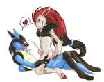  &hearts; black_markings blue cum eyes_open fanart gay green_eyes grey humanoid_penis iko ikorane invalid_tag lucario male open_mouth penis pok&eacute;mon pok&eacute;morph red_eyes tongue zoroark 