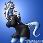  2010 aeryn_skirrow background_gradient big_breasts black black_hair blue breasts clothing color dragon dress female fols hair lizard long_hair long_white_hair looking_at_viewer red_eyes reptile scalie sketch solo standing striped_tail stripes tail tongue tora-chan white white_hair wide_hips 