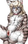  anus blonde_hair blue_eyes breasts clitoral_hood clitoris collar cuntboy ear_piercing earring enlarged_clitoris feline hair intersex karabiner kemono labia long_blonde_hair long_hair looking_at_viewer multi_nipple nipples nude on_back piercing pussy solo spread_legs spreading whiskers white_background 