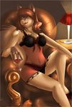  bow bra brown_eyes brown_hair canine chair female fox glass hair lamp leather lipstick looking_at_viewer panties seduction silk slip slippers solo syberfox translucent underwear wine 