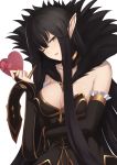  1girl bangs bare_shoulders black_dress black_hair breasts bridal_gauntlets chocolate chocolate_heart cleavage commentary detached_sleeves dress fate/apocrypha fate/grand_order fate_(series) frills fur_trim hair_between_eyes heart highres large_breasts long_dress long_hair one_eye_closed parted_lips pointy_ears semiramis_(fate) spikes valentine very_long_hair yami_kyon_oov yellow_eyes 
