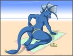  2007 back beach bikini blue contrail crest dragon female javanshir kneeling lakebound piercing scalie seaside skimpy solo tail_ring topless towel undressing 